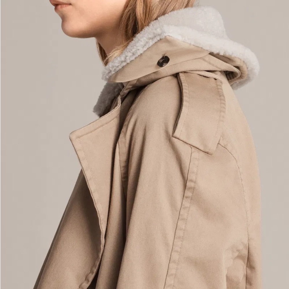 All Saints Lou Mac Coat Detachable Collar and Lining - Small Beige Minimalist